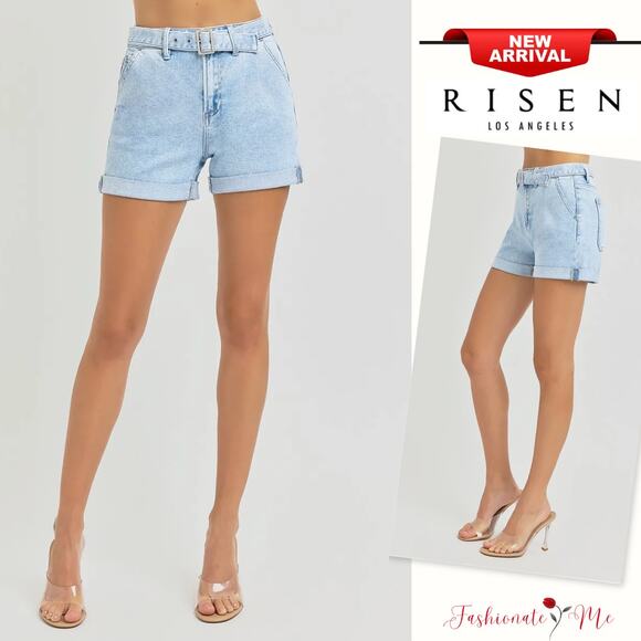 RISEN High Rise Waist Belted Rolled Cuff 5 Pocket Design Light Wash Denim Shorts - Picture 1 of 8